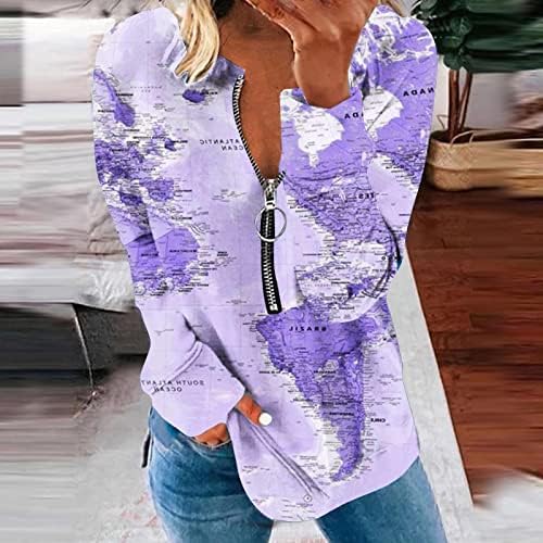 HOXINE Ризи с дълъг ръкав за Жени, Блузи с Цветни Блокчета, Блузи, Елегантни Всекидневни Пуловер с V-Образно деколте и цип на 1/2, Свободна Туника, Блуза