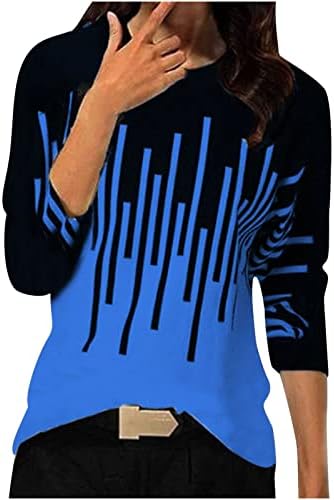 Модерни Ежедневни Блузи с кръгло деколте и дълъг ръкав в Цвят Блока за Жени, Зашити Тениска с Контрастиращ Цвят Блуза