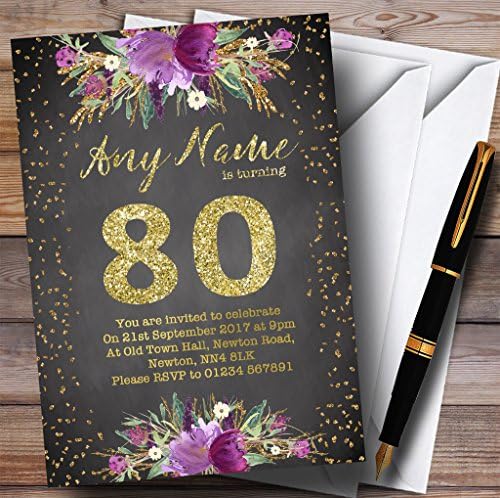 Креда Акварел Пурпурно-Златна Персонални Покани на Парти по случай 80-годишнината