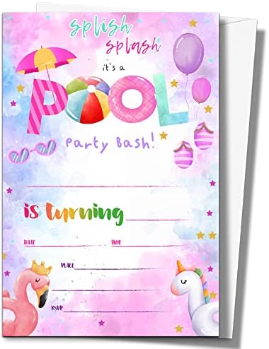 Покани, Картички за рожден ден на басейна ISOVF 4 x 6 В пликове (20 групи) - Розови Летни Покани на парти в стила на запълване - C19