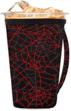Хелоуин Spider Web Red 14 многократна употреба Кафе ръкав с лед с дръжка от Неопрен за Напитки, кафе лате, Чай, Напитки, Бира (Средно 24-28 унции)