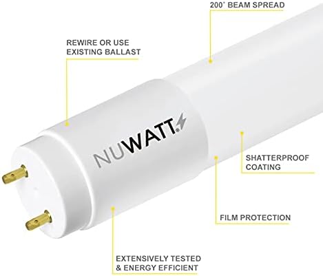 NUWATT (10 x Т8 LED с 4-метрова тръба, Матирано Стъкло на обектива, 18 W, 5000 До 2200 лумена, 120, В-277, Храната от