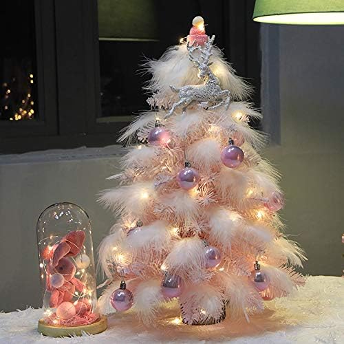 Настолен Комплект за елхи, Мини Коледно Дърво със светлини, Изкуствена Коледна Бор с led подсветка и Декорации (Коледната елха)-Розов 45 сантиметра (18 инча)