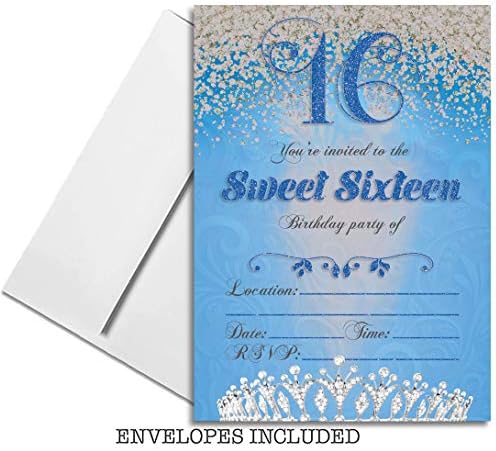 Сладки двустранни Сини покани на парти в чест на 16-годишнината от Sweet 16 Sixteen, Определени от 25 Покани за 16-ти