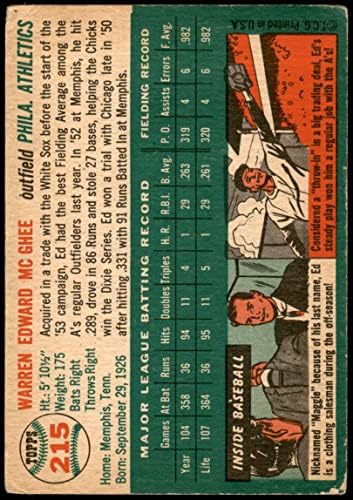 1954 Topps # 215 Ед Макгий Филаделфия Атлетикс (Бейзболна картичка) ПАНАИРНИТЕ лека атлетика