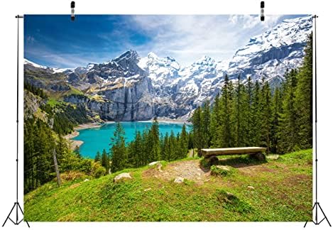 BELECO 9x6ft Тъканни Фонове с Гледки на Планински езера, за Заснемането на Алпите, Синьото Езеро, Зелени Гори, Бор, Природен