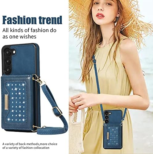 CCSmall за Samsung Galaxy S23 за Носене в чантата си през Рамо за жени, Лъскав Калъф за телефон от изкуствена кожа с RFID заключване, Държач за карти Samsung Galaxy S23 SZ Blue