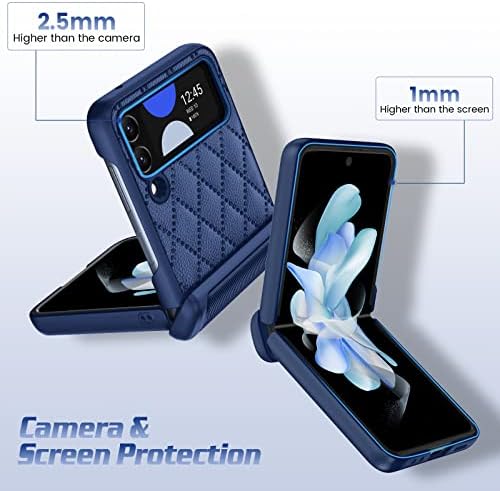 Калъф Caka за Z Flip 4, Калъф Galaxy Z Flip 4 5G със защита на пантите с Защитно фолио за екрана на камерата, Кожен калъф, Предпазващ калъф за Samsung Galaxy Z Flip 4 5G -Син