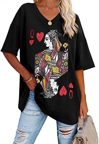 Дамски Извънгабаритни Тениски с образа на Кралицата на Сърца, Ежедневни Тениски с V-образно деколте и Къс Ръкав, Летни