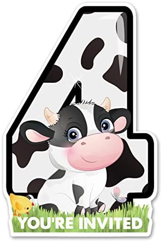 20 Покани на парти в чест на 4-ти рожден ден крави с Конвертами, Двустранни Покана във формата на Крава във Фермата,