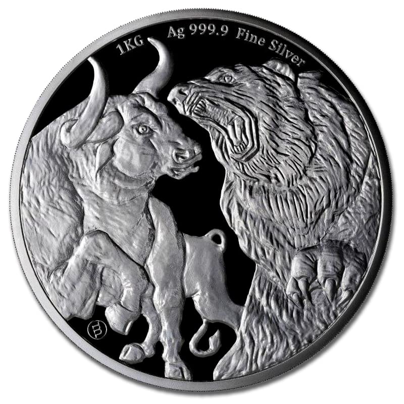 2022 1 Килограм (32,15 Тройских унция) Токелауанская Сребърна монета Бикът и мечката, Блестящо преспапиета без циркулация