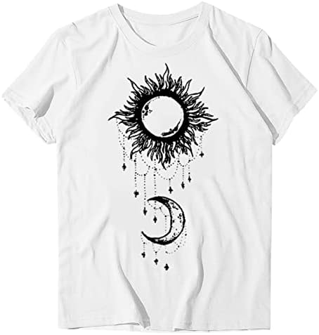 Kaniem/ Дамски Тениски, Графична Дамски Ежедневни Тениска, Тениска с Принтом на Слънцето, Луната, Звездите, Блуза С Кръгло