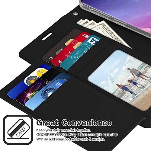 Чантата GOOSPERY Rich за S10 на Samsung Galaxy Case Plus (2019) с допълнителни отделения за карти, Кожен Разтегателен калъф (черен)