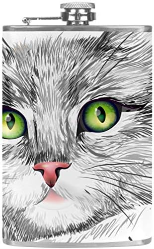 Фляжка за Алкохол от Неръждаема Стомана Запечатани с Фуния 7,7 унция в Кожа Джоба една Чудесна Идея за подарък Фляжка - Котка със Зелени очи