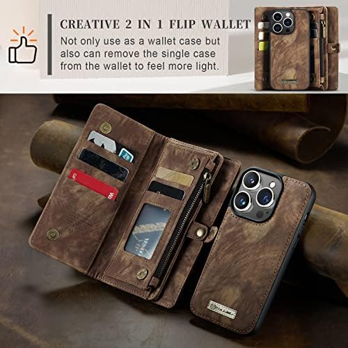 Свалящ се 2 в 1, който е съвместим с iPhone 14 Pro Max, една чанта-портфейл с държач за карти, Ретро Премия Флип Кожен Калъф с джоб на магнитен цип, Калъфи за телефони 6,7 (кафе, IP