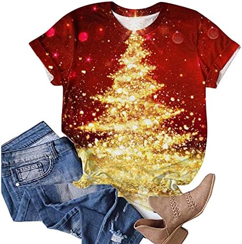 Дамски Коледа Риза с Кръгло Деколте, Блестяща Коледна Елха 3D Графични Блузи, Модни Свободна Туника С Къс Ръкав, Блуза,