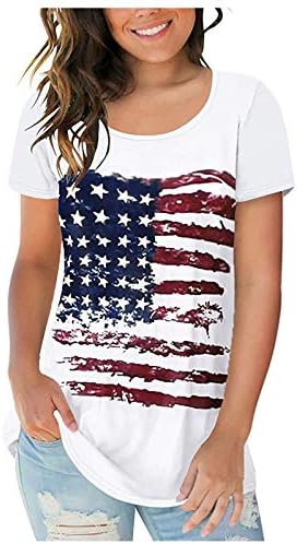 Тениски на 4 юли, Ризи за Жени, Тениска с кръгло деколте и Къс ръкав, Американското Знаме, Звездите, Райета, Риза с Вратовръзка-Боя,