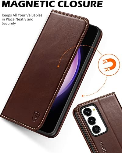 Чанта-портфейл SHIELDON за Galaxy S23 + Plus 5G, калъф от естествена кожа с RFID заключване, Притежател на кредитна карта, Магнитна Поставка-Фолио, устойчив на удари калъф, Съвмест