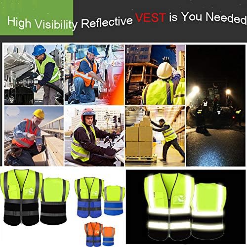Отразяваща жилетка за безопасност висока видимост DOBYYUNZHEN с джобове и цип, Работно жилетка Hi Vis (Неоново жълто