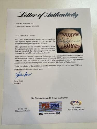 Страхотен сингъл Tris Speaker С Автограф на Американската лига Бейзбол PSA DNA COA - Бейзболни Топки с Автографи