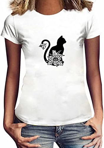 Дамски Хубава Тениска, Потник за момичета, Тениска С образа на Привлекателен Котка с Къс Ръкав и кръгло деколте, Върхове