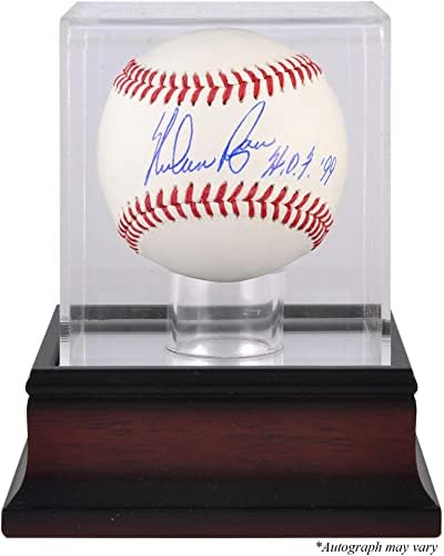 Играта на топка с автограф на Нолан Райън Тексас Рейнджърс с надпис HOF 99 и Витрина от махагон за бейзбол - Бейзболни