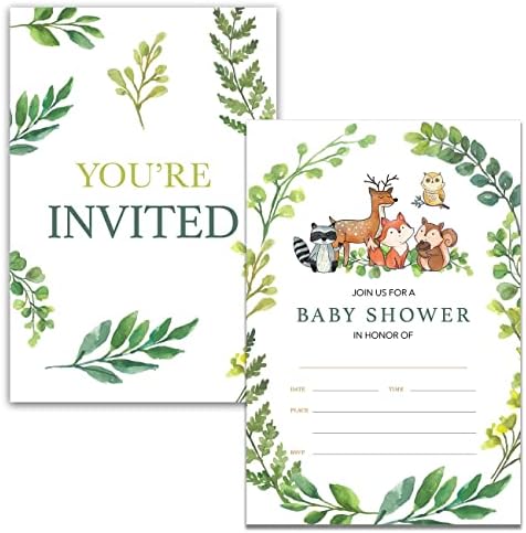YIDOU Green Woodland Baby Shower Покани на парти Woodland Animals Baby Shower трета пола Неутрално Попълване на Безплатни