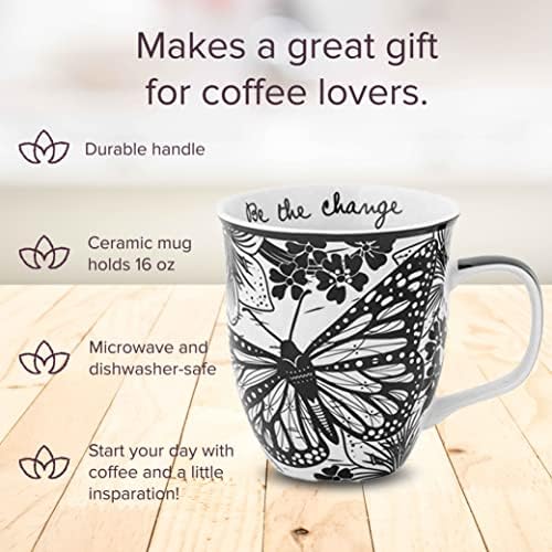 Karma Gifts 16 унции Черно-Бяла Чаша в стил Бохо с Пеперуда - Скъпа Чаша за кафе и Чай - Керамични чаши за Кафе, за жени и за Мъже