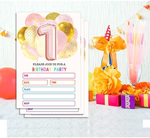 Ggjgrpx Покана карта на парти в чест на 1-ви Рожден Ден, Покани Картички на парти в стил балони за деца, Момичета и Момчета,