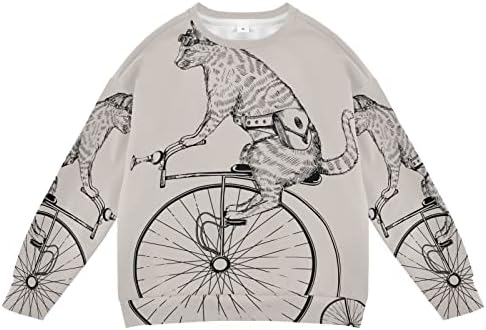 Linomo/ Детска Hoody с Смешно Котка на Ретро Велосипед, Блузи с дълъг ръкав, Пуловер с Кръгло деколте, Тениски, Пуловери