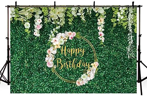 AIBIIN 7x5ft Златен Фон честит Рожден Ден за Момиче, Жена, Стена от Зелени подправки, Розово-Бели Флорални Цветя, фонове, За Снимки, Украса за Парти в чест на рождения Ден н