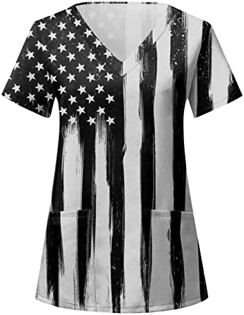 Ризи 4 Юли за Жени с Флага на САЩ, Лятна Тениска с Къс ръкав и V-образно деколте и 2 Джобове, Блузи, Празнична Ежедневни