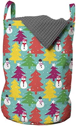 Чанта за дрехи под формата на Лунната Снежен човек, Цветна Графична Илюстрация на Коледни елхи и Снежен човек в Шарфах и Шапки, Кошница за дрехи с дръжки, закрывающа